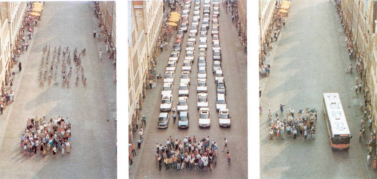 In 1991, a photographer commissioned by the City of Münster’s planning department took a series of photographs for this three-panelled poster that showed the space required to transport 72 people by either car, bus or bicycle. Taken on Prinzipalmarkt, Münster’s High Street, the transportation triptych has since become iconic and is often wheeled out as the main representation of how single-occupancy cars take up a disproportionate amount of road space.